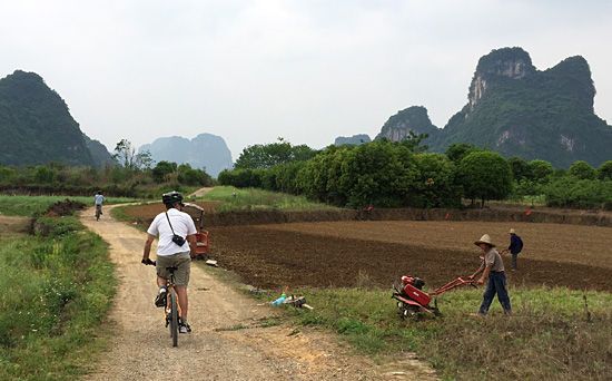 Cycling cross farm land Yangshuo countryside area.